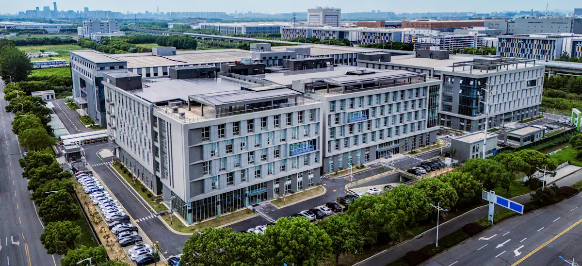 Aerial view of a manufacturing campus used for precision machining operations