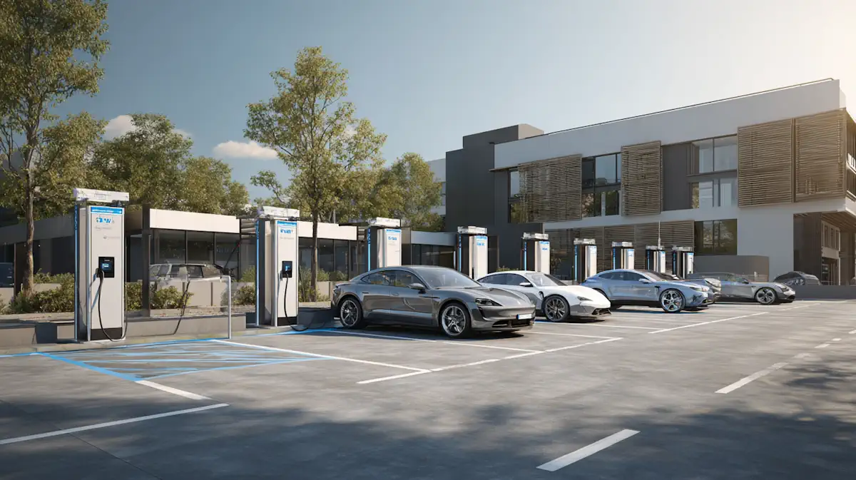 Commercial EV charging site at a modern business park for project planning Commercial EV charging site at a modern business park for project planning